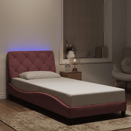 Estrutura de cama de solteiro para adultos com LED 90x200 cm veludo rosa