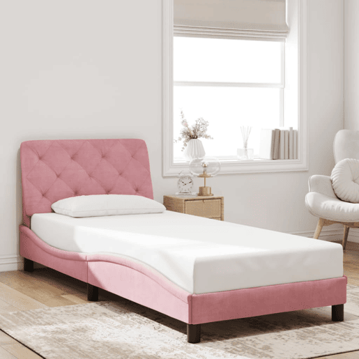 Estrutura de cama de solteiro para adultos com LED 90x200 cm veludo rosa