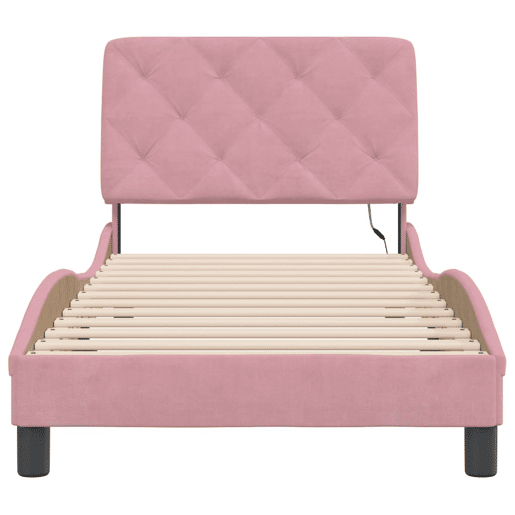 Estrutura de cama de solteiro para adultos com LED 90x200 cm veludo rosa