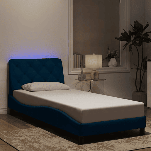 Estrutura de cama de solteiro para adultos com LED 90x200 cm veludo azul