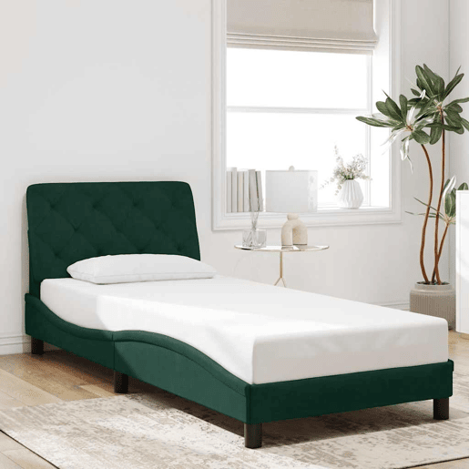 Estrutura de cama de solteiro simple com LED 90x200 cm veludo verde-escuro