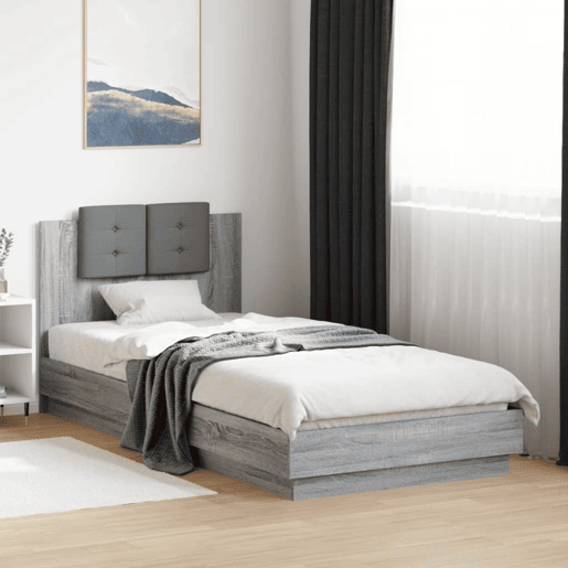Estrutura de cama de solteiro moderno c cabeceiraluzes LED 90x200 cm cinza sonoma