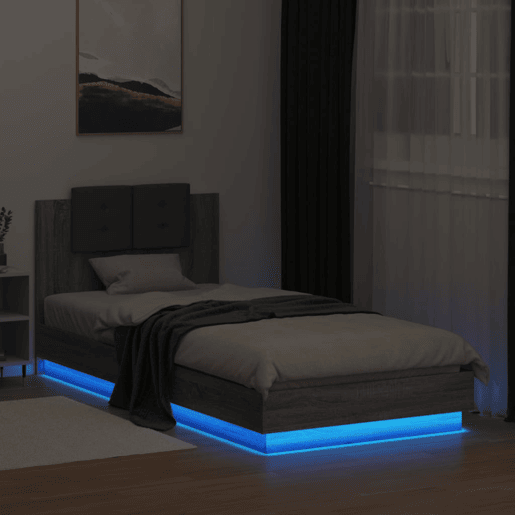Estrutura de cama de solteiro moderno c cabeceiraluzes LED 90x200 cm cinza sonoma