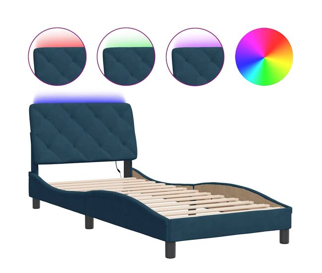 Estructura de cama individual para adultos con led terciopelo azul 90x190 cm