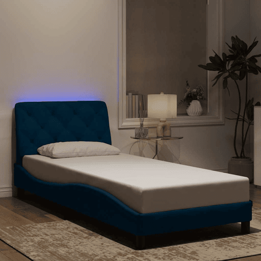 Estrutura de cama de solteiro para adultos com LED 90x190 cm veludo azul