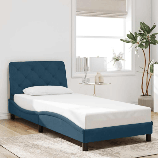 Estrutura de cama de solteiro para adultos com LED 90x190 cm veludo azul