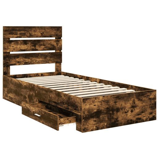 Estrutura de cama de solteiro para adultos com gaveta - Carvalho Defumado 100 x 200 cm