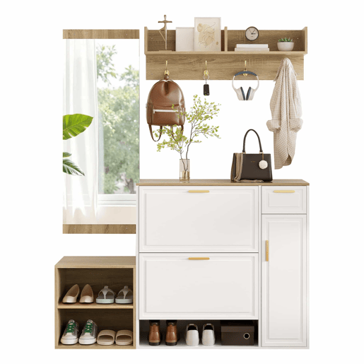 Conjunto de hall de entrada 139,5x35x166 cm - com sapateira, banco, cabide de parede e espelho - Natural+Branco