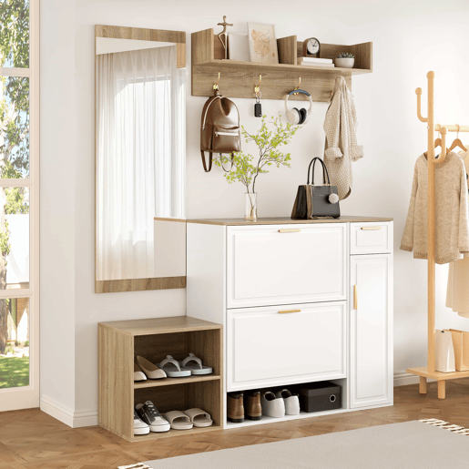 Conjunto de hall de entrada 139,5x35x166 cm - com sapateira, banco, cabide de parede e espelho - Natural+Branco
