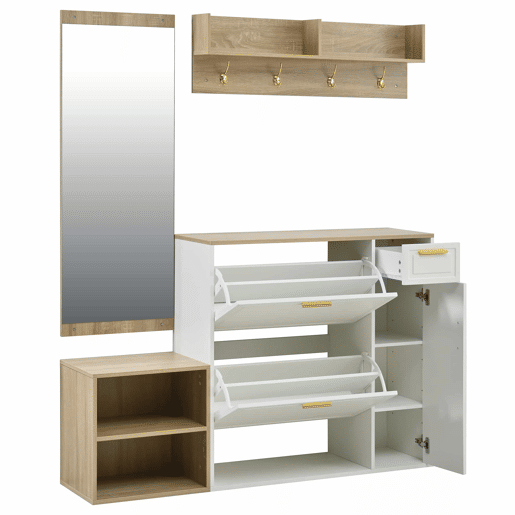 Conjunto de hall de entrada 139,5x35x166 cm - com sapateira, banco, cabide de parede e espelho - Natural+Branco