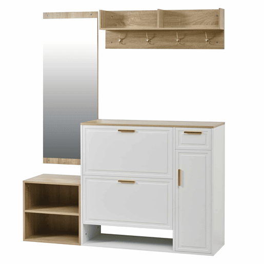 Conjunto de hall de entrada 139,5x35x166 cm - com sapateira, banco, cabide de parede e espelho - Natural+Branco