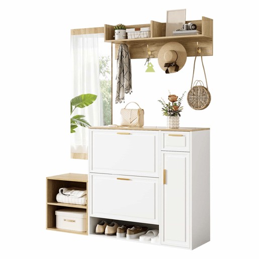 Conjunto de hall de entrada 139,5x35x166 cm - com sapateira, banco, cabide de parede e espelho - Natural+Branco