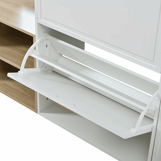 Conjunto de hall de entrada 139,5x35x166 cm - com sapateira, banco, cabide de parede e espelho - Natural+Branco