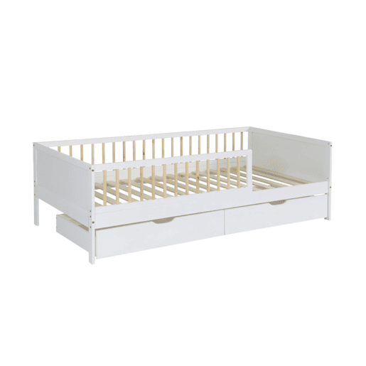 Cama ninho infantil 190cm pinho natural com estrado de ripas e gavetas Branco - 195x95.5x60 cm