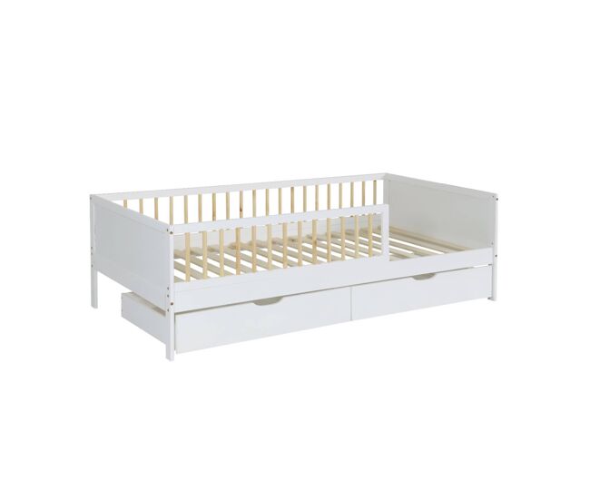 Cama nido infantil 190cm pino natural con somier de láminas y cajones blanco - 195x95.5x60 cm