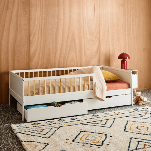 Cama ninho infantil 190cm pinho natural com estrado de ripas e gavetas Branco - 195x95.5x60 cm