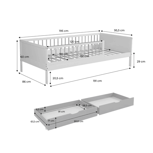 Cama ninho infantil 190cm pinho natural com estrado de ripas e gavetas Branco - 195x95.5x60 cm