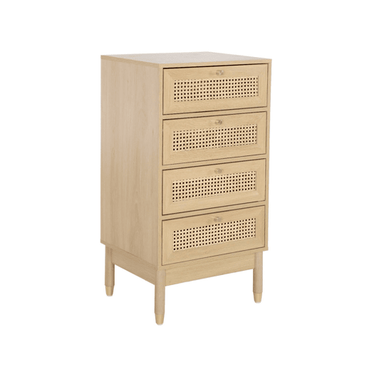 Cômoda chiffonier decoração madeira e palhinha 4 gavetas Natural - 50x40x96 cm