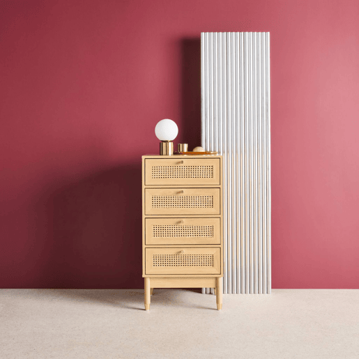 Cômoda chiffonier decoração madeira e palhinha 4 gavetas Natural - 50x40x96 cm