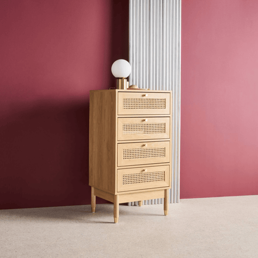 Cômoda chiffonier decoração madeira e palhinha 4 gavetas Natural - 50x40x96 cm