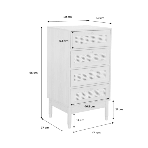 Cômoda chiffonier decoração madeira e palhinha 4 gavetas Natural - 50x40x96 cm
