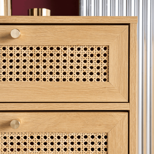 Cômoda chiffonier decoração madeira e palhinha 4 gavetas Natural - 50x40x96 cm