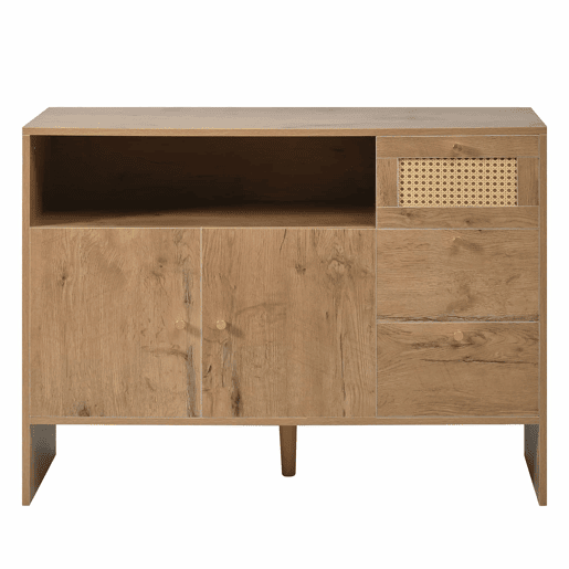 Aparador 105x40x76 cm - 2 portas, 3 gavetas, rattan e puxadores dourados - cor natural