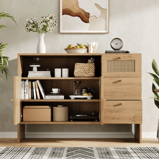Aparador 105x40x76 cm - 2 portas, 3 gavetas, rattan e puxadores dourados - cor natural