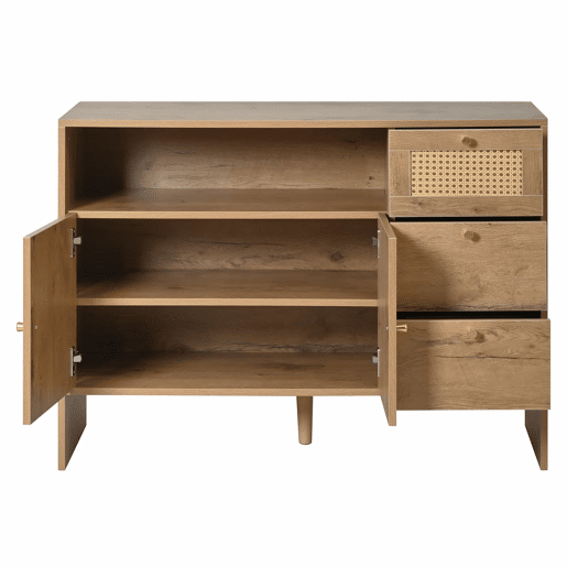 Aparador 105x40x76 cm - 2 portas, 3 gavetas, rattan e puxadores dourados - cor natural