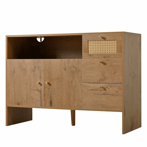 Aparador 105x40x76 cm - 2 portas, 3 gavetas, rattan e puxadores dourados - cor natural
