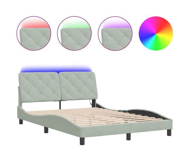 Estructura de cama doble matrimonial con led - terciopelo gris claro 140x190 cm