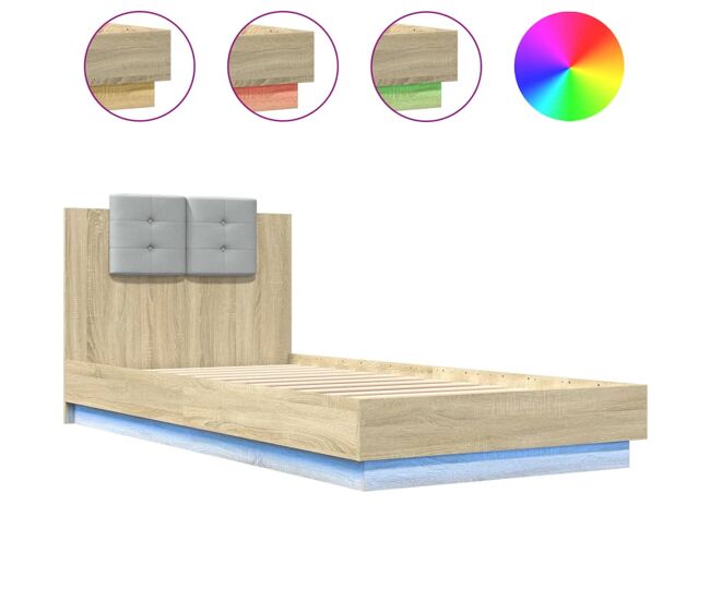 Estructura de cama individual para adultos - cabecero luces led roble sonoma 90x200 cm