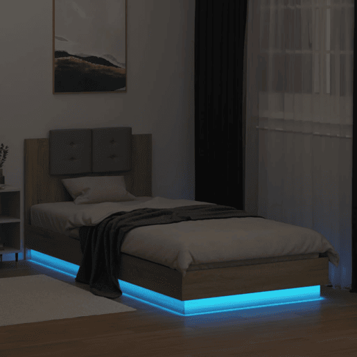 Estrutura de cama de solteiro moderno c cabeceiraluzes LED 90x200 cm carvalho sonoma