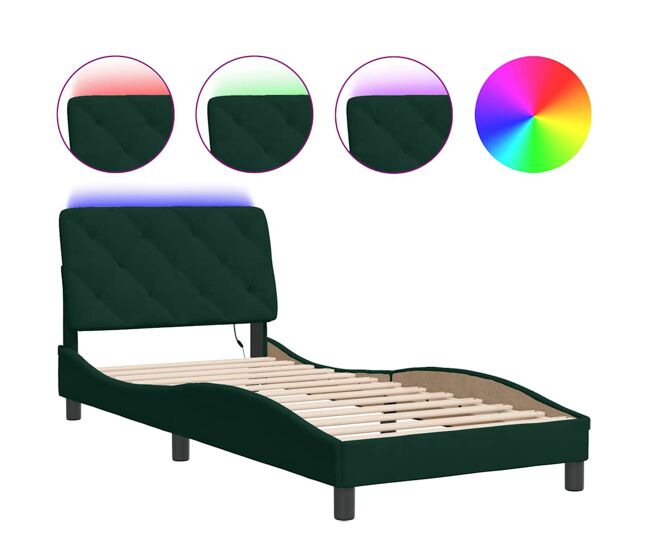 Estructura de cama individual para adultos con led terciopelo verde oscuro 90x190 cm