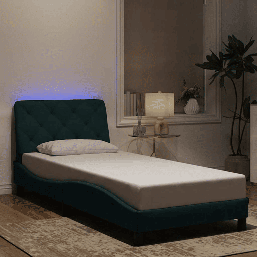 Estrutura de cama de solteiro simple com LED 90x190 cm veludo verde-escuro