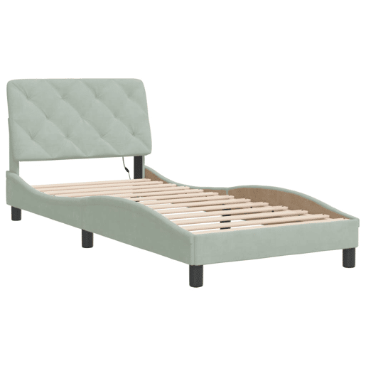 Estrutura de cama de solteiro simple com LED 90x190 cm veludo cinzento-claro