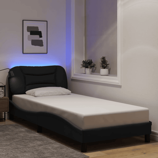 Estrutura de cama de solteiro para adultos com LED 80x200 cm tecido preto