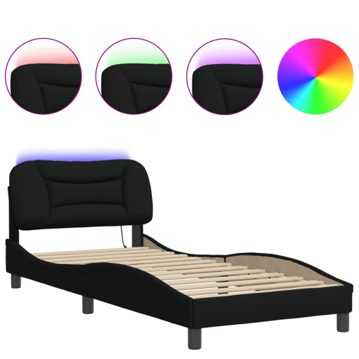 Estrutura de cama de solteiro para adultos com LED 80x200 cm tecido preto