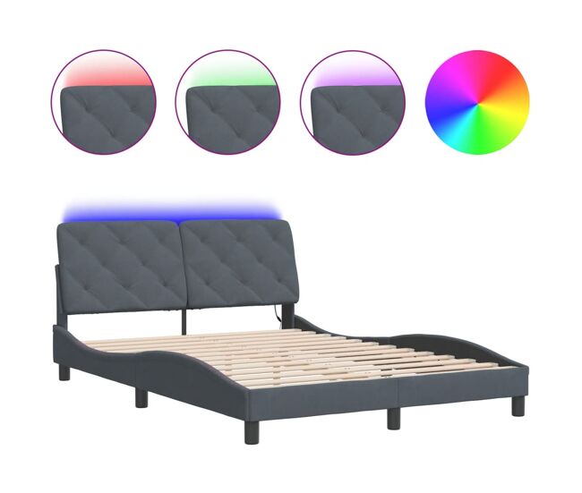 Estructura de cama doble matrimonial con led - terciopelo gris oscuro 140x190 cm