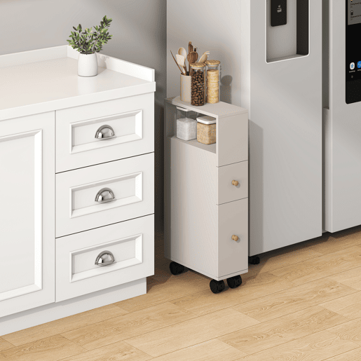 Estante Multiuso Nicho Broreynna com rodízios 2 gavetas 66x15x33 cm Areia en.casa