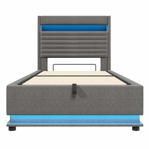 Cama estofada 90x200 cm - com armazenamento hidráulico, LED, USB Tipo-C, compartimento Flip-Top - Cinza