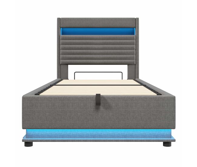 Cama tapizada 90x200 cm - con almacenamiento hidráulico, led, usb tipo-c, compartimento flip-top - gris