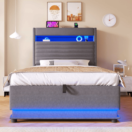 Cama estofada 90x200 cm - com armazenamento hidráulico, LED, USB Tipo-C, compartimento Flip-Top - Cinza