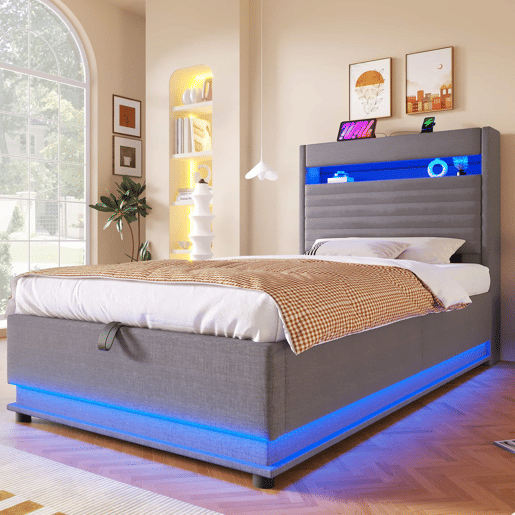 Cama estofada 90x200 cm - com armazenamento hidráulico, LED, USB Tipo-C, compartimento Flip-Top - Cinza