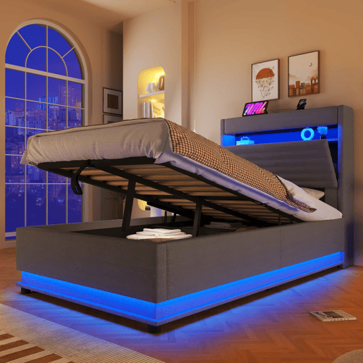 Cama estofada 90x200 cm - com armazenamento hidráulico, LED, USB Tipo-C, compartimento Flip-Top - Cinza