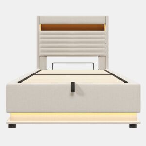 Cama estofada 90x200 cm - Com porta USB Tipo-C, iluminação LED, armazenamento hidráulico, compartimento Flip-Top, controlo por botãoApp, sem colchão - Bege