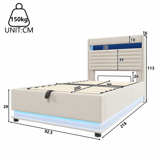 Cama estofada 90x200 cm - Com porta USB Tipo-C, iluminação LED, armazenamento hidráulico, compartimento Flip-Top, controlo por botãoApp, sem colchão - Bege