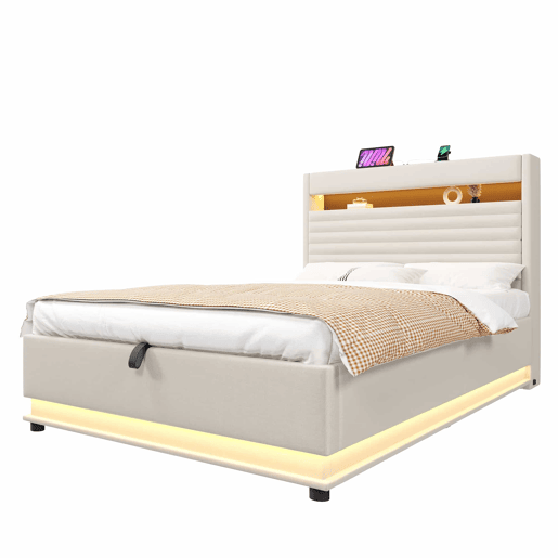 Cama estofada 90x200 cm - Com porta USB Tipo-C, iluminação LED, armazenamento hidráulico, compartimento Flip-Top, controlo por botãoApp, sem colchão - Bege
