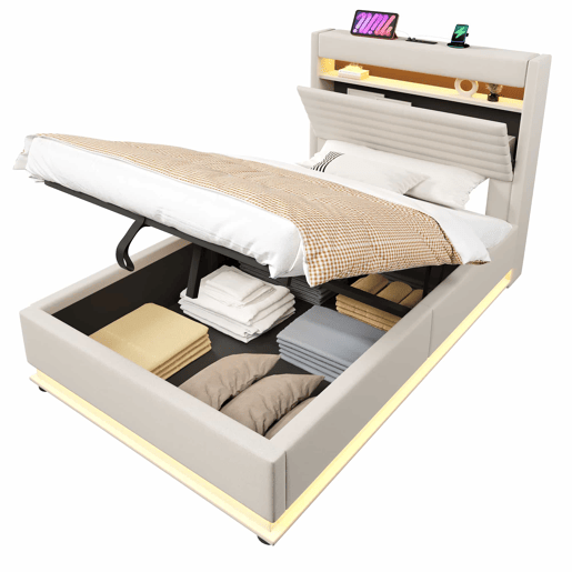 Cama estofada 90x200 cm - Com porta USB Tipo-C, iluminação LED, armazenamento hidráulico, compartimento Flip-Top, controlo por botãoApp, sem colchão - Bege