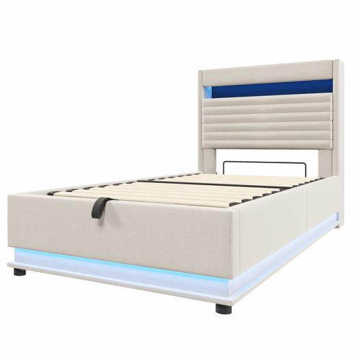 Cama estofada 90x200 cm - Com porta USB Tipo-C, iluminação LED, armazenamento hidráulico, compartimento Flip-Top, controlo por botãoApp, sem colchão - Bege